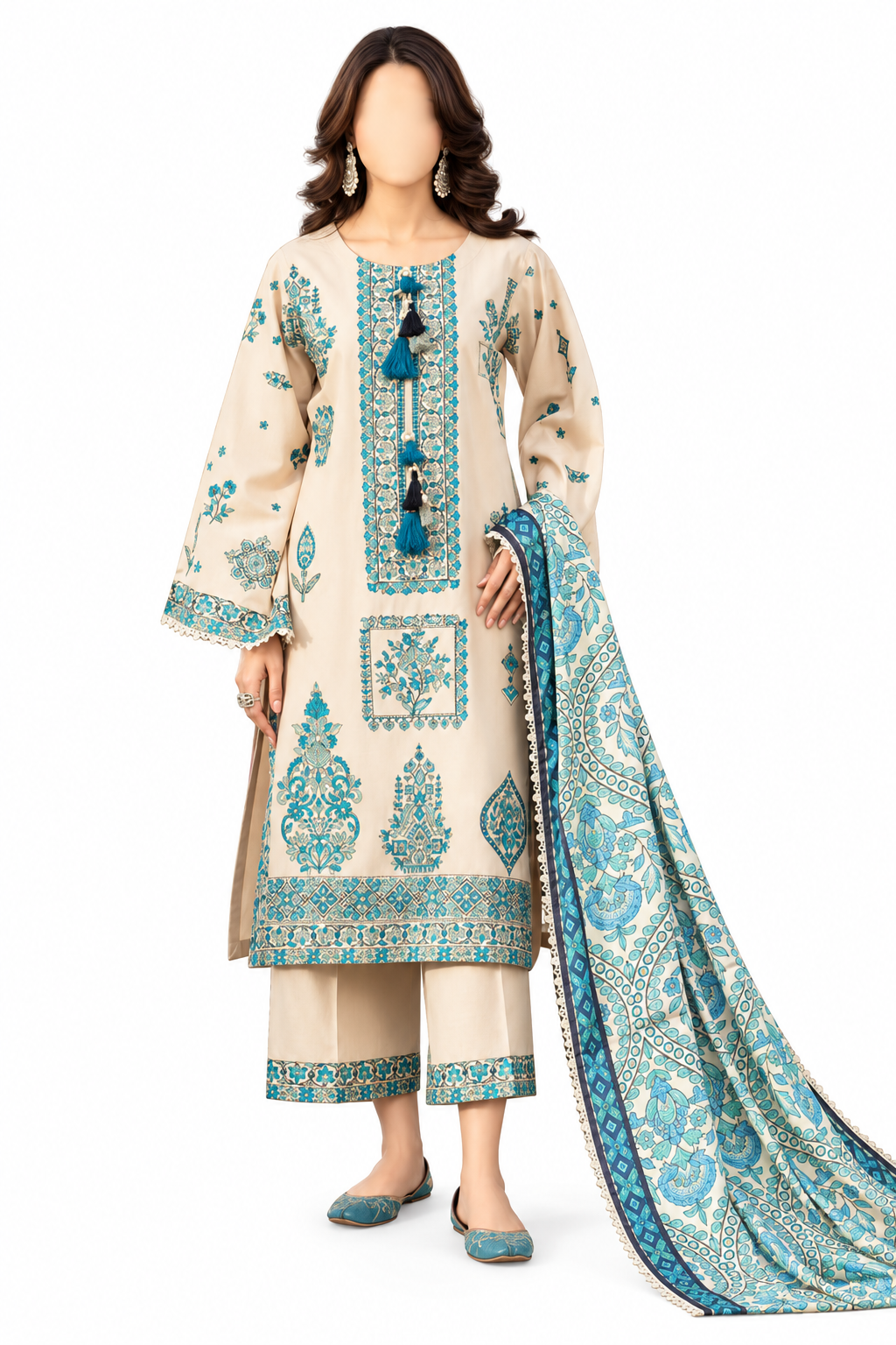 Meher Ivory & Teal Handblock Kurta Set