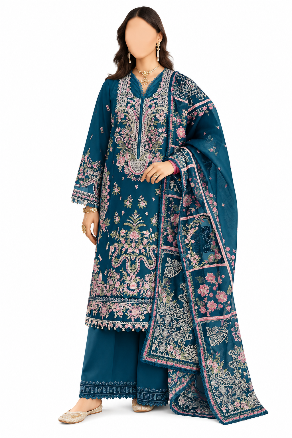Nazm Peacock Teal Embroidered Kurta Set