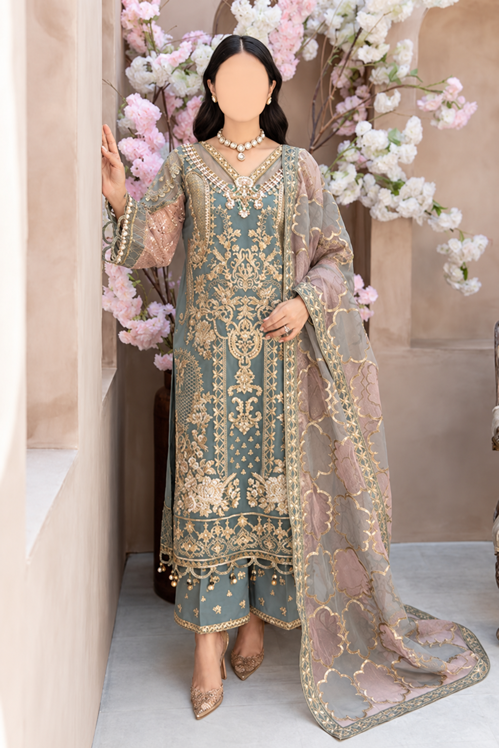 Tara Sage Moss Embroidered Organza Suit Set
