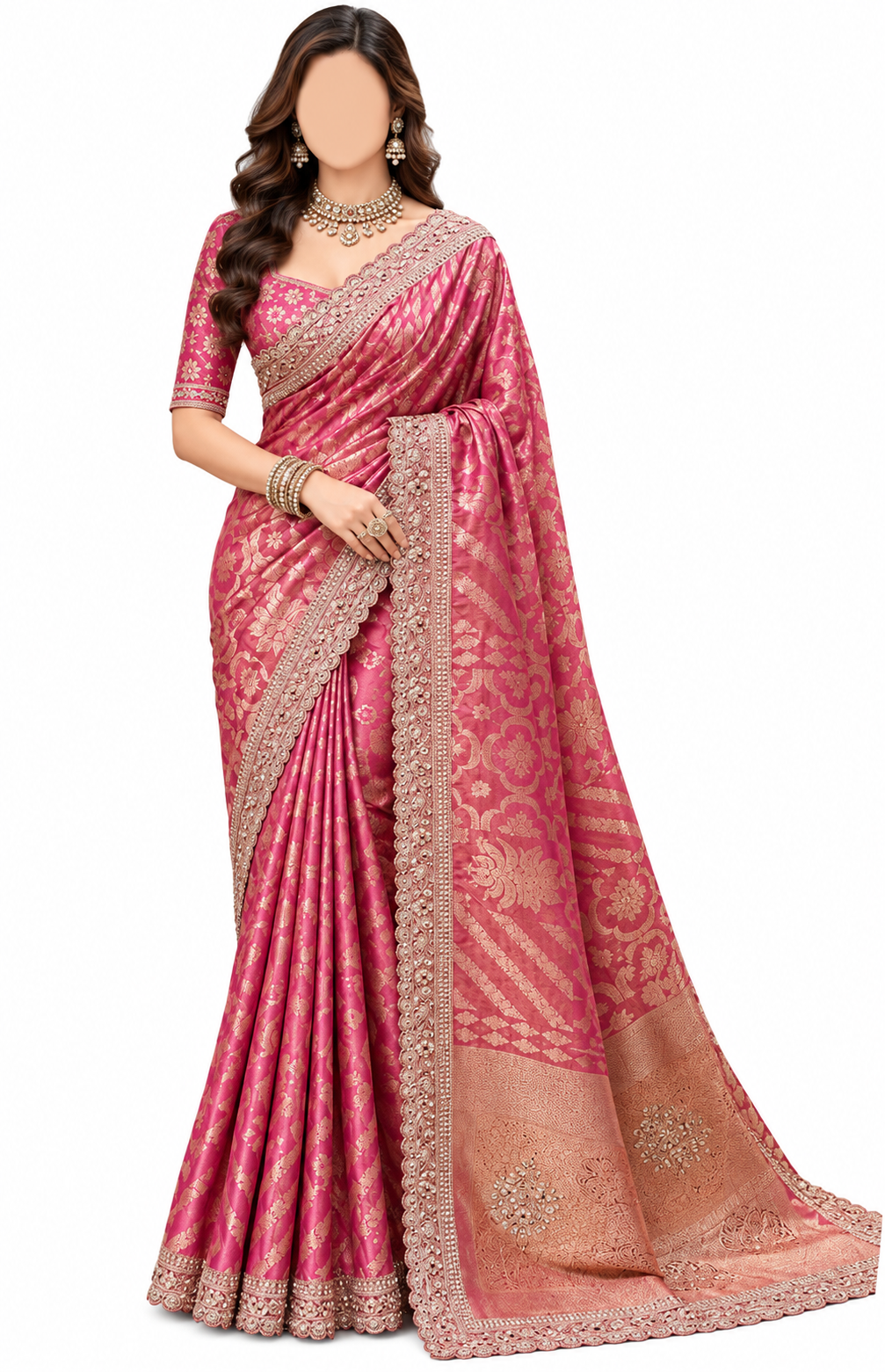 Noor Handcrafted Rani Pink Banarasi Saree